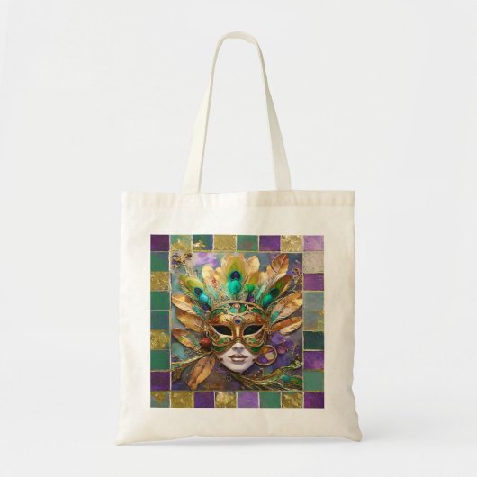 Mardi Gras Goud en Groen Pauw Veer Masker Tote Bag (Voorkant)