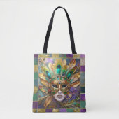 Mardi Gras Goud en Groen Pauw Veer Masker Tote Bag (Voorkant)