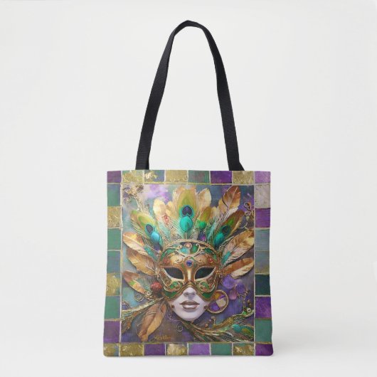 Mardi Gras Goud en Groen Pauw Veer Masker Tote Bag (Voorkant)
