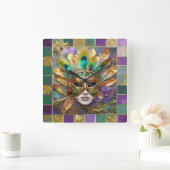 Mardi Gras Goud en Groen Pauw Veer Masker Vierkante Klok (Huis)