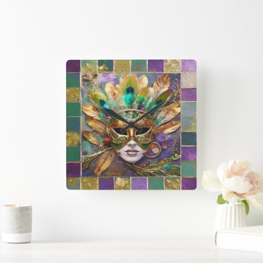 Mardi Gras Goud en Groen Pauw Veer Masker Vierkante Klok (Huis)