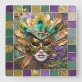 Mardi Gras Goud en Groen Pauw Veer Masker Vierkante Klok (Voorkant)