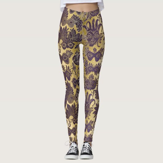 Mardi Gras Goud en Paarse Maskers Leggings (Voorkant)