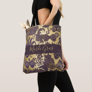 Mardi Gras Goud en Paarse Maskers Monogrammed Tote Bag