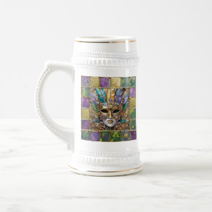 Mardi Gras Goud & Keramiek Kleurrijk Veer Masker Bierpul