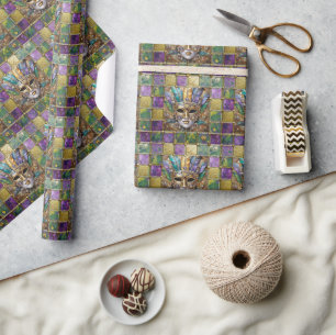 Mardi Gras Goud & Keramiek Kleurrijk Veer Masker Cadeaupapier