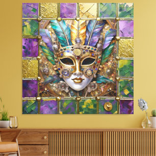 Mardi Gras Goud & Keramiek Kleurrijk Veer Masker Canvas Afdruk