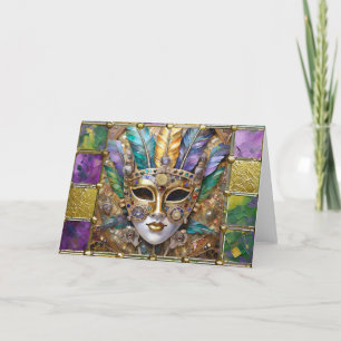 Mardi Gras Goud & Keramiek Kleurrijk Veer Masker Feestdagen Kaart
