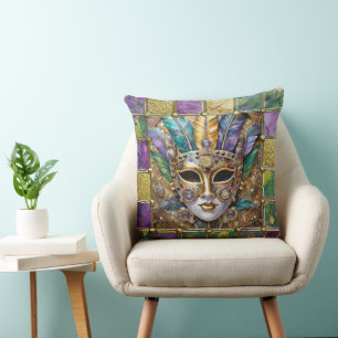 Mardi Gras Goud & Keramiek Kleurrijk Veer Masker Kussen