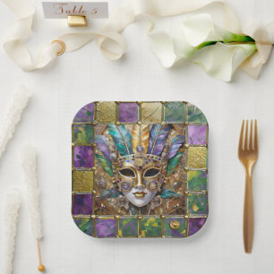 Mardi Gras Goud & Keramiek Kleurrijk Veer Masker Papieren Bordje