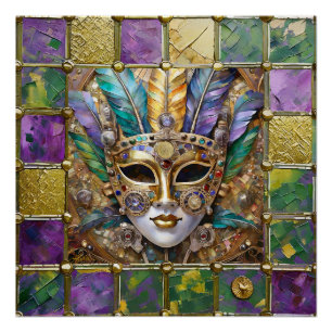 Mardi Gras Goud & Keramiek Kleurrijk Veer Masker Perfect Poster