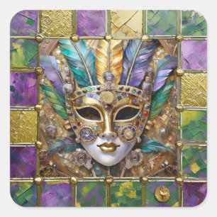 Mardi Gras Goud & Keramiek Kleurrijk Veer Masker Vierkante Sticker