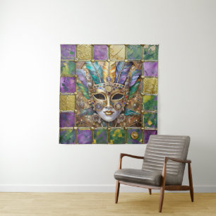 Mardi Gras Goud & Keramiek Kleurrijk Veer Masker Wandkleed