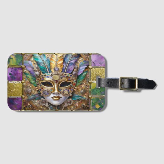Mardi Gras Goud & Keramisch Kleurrijk Veermasker Bagagelabel (Voorkant (horizontaal))