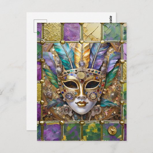 Mardi Gras Goud & Keramisch Kleurrijk Veermasker Briefkaart (Voorkant / Achterkant)