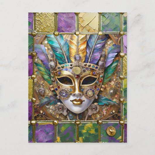 Mardi Gras Goud & Keramisch Kleurrijk Veermasker Briefkaart (Voorkant)