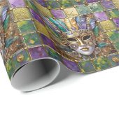 Mardi Gras Goud & Keramisch Kleurrijk Veermasker Cadeaupapier (Rol Hoek)