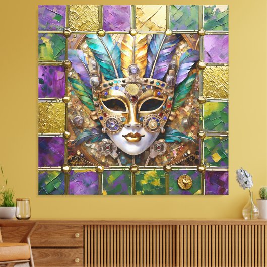 Mardi Gras Goud & Keramisch Kleurrijk Veermasker Canvas Afdruk (Insitu (Woonkamer))