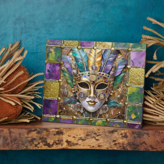 Mardi Gras Goud & Keramisch Kleurrijk Veermasker Fotoplaat (Zijkant)