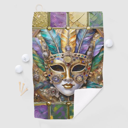 Mardi Gras Goud & Keramisch Kleurrijk Veermasker Golfhanddoek (Insitu)