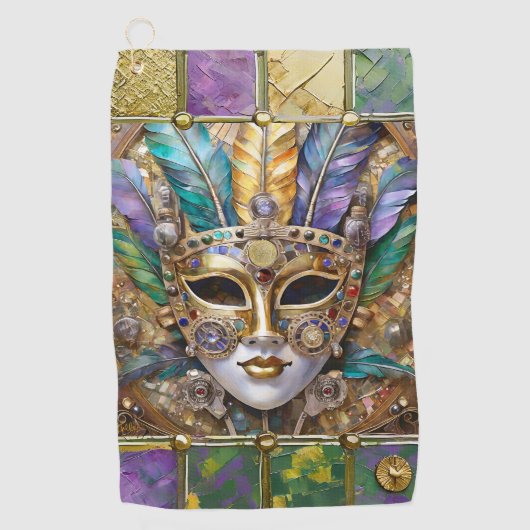 Mardi Gras Goud & Keramisch Kleurrijk Veermasker Golfhanddoek (Voorkant)
