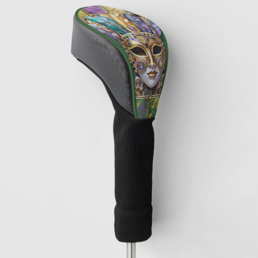 Mardi Gras Goud & Keramisch Kleurrijk Veermasker Golfheadcover (Schuin)