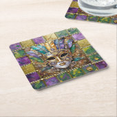 Mardi Gras Goud & Keramisch Kleurrijk Veermasker Kartonnen Onderzetters (Schuin)