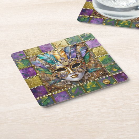Mardi Gras Goud & Keramisch Kleurrijk Veermasker Kartonnen Onderzetters (Schuin)