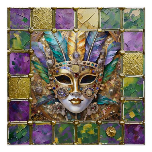 Mardi Gras Goud & Keramisch Kleurrijk Veermasker Perfect Poster (Voorkant)