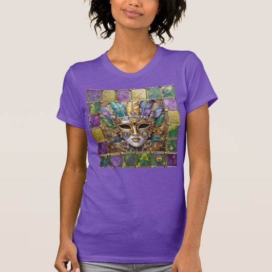Mardi Gras Goud & Keramisch Kleurrijk Veermasker T-shirt (Voorkant)
