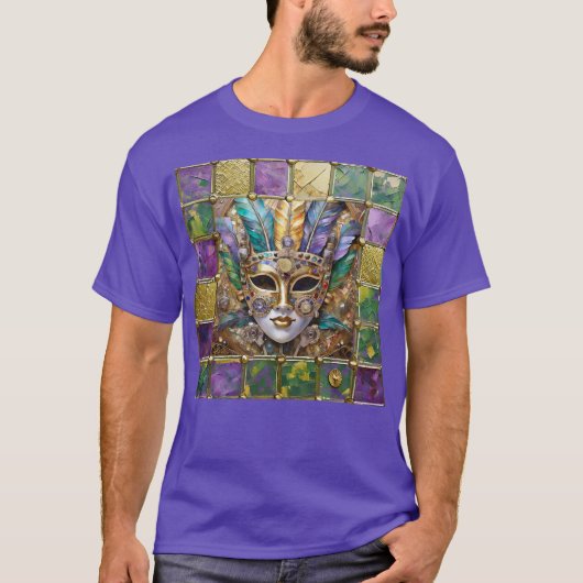 Mardi Gras Goud & Keramisch Kleurrijk Veermasker T-shirt (Voorkant)