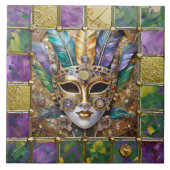 Mardi Gras Goud & Keramisch Kleurrijk Veermasker Tegeltje (Voorkant)