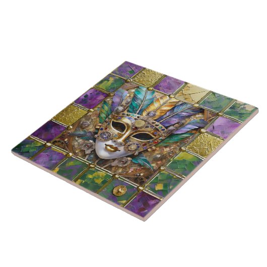 Mardi Gras Goud & Keramisch Kleurrijk Veermasker Tegeltje (Zijkant)