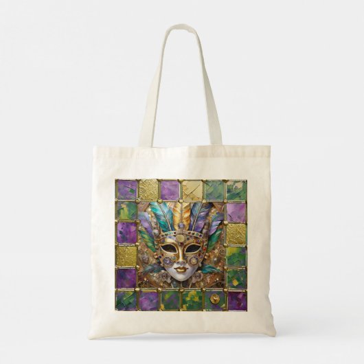 Mardi Gras Goud & Keramisch Kleurrijk Veermasker Tote Bag (Achterkant)