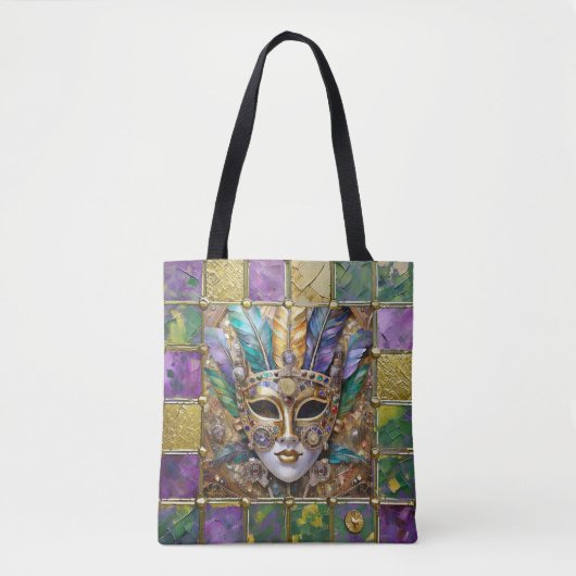 Mardi Gras Goud & Keramisch Kleurrijk Veermasker Tote Bag (Voorkant)