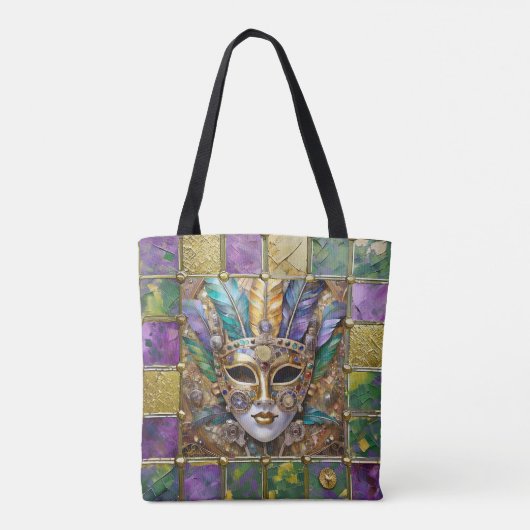Mardi Gras Goud & Keramisch Kleurrijk Veermasker Tote Bag (Achterkant)