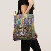Mardi Gras Goud & Keramisch Kleurrijk Veermasker Tote Bag (Dichtbij)