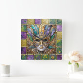 Mardi Gras Goud & Keramisch Kleurrijk Veermasker Vierkante Klok (Huis)