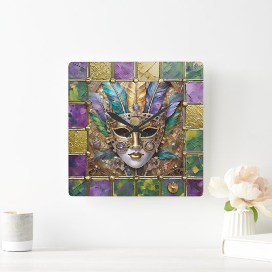 Mardi Gras Goud & Keramisch Kleurrijk Veermasker Vierkante Klok (Huis)