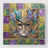 Mardi Gras Goud & Keramisch Kleurrijk Veermasker Vierkante Klok (Voorkant)