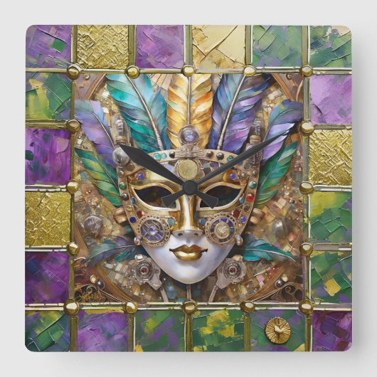 Mardi Gras Goud & Keramisch Kleurrijk Veermasker Vierkante Klok (Voorkant)