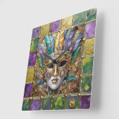 Mardi Gras Goud & Keramisch Kleurrijk Veermasker Vierkante Klok (Hoek)
