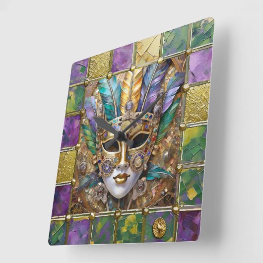 Mardi Gras Goud & Keramisch Kleurrijk Veermasker Vierkante Klok (Hoek)