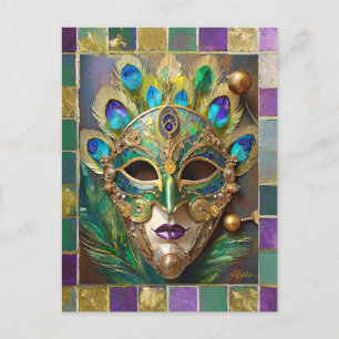 Mardi Gras Goud Keramisch Pauw Veer Masker Briefkaart