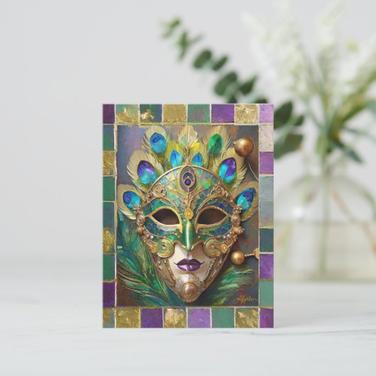 Mardi Gras Goud Keramisch Pauw Veer Masker Briefkaart (Staand voorkant)