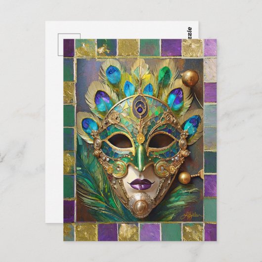 Mardi Gras Goud Keramisch Pauw Veer Masker Briefkaart (Voorkant / Achterkant)