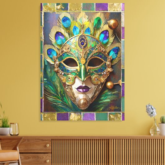 Mardi Gras Goud Keramisch Pauw Veer Masker Canvas Afdruk (Insitu (Woonkamer))