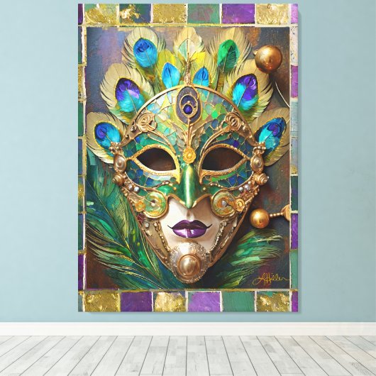 Mardi Gras Goud Keramisch Pauw Veer Masker Canvas Afdruk (Insitu (Houten vloer))