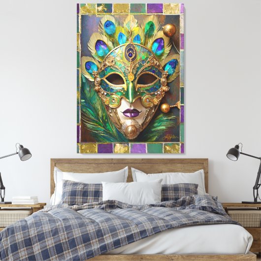 Mardi Gras Goud Keramisch Pauw Veer Masker Canvas Afdruk (Insitu (Slaapkamer))
