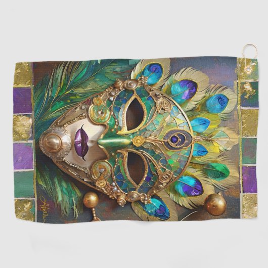 Mardi Gras Goud Keramisch Pauw Veer Masker Golfhanddoek (Horizontaal)